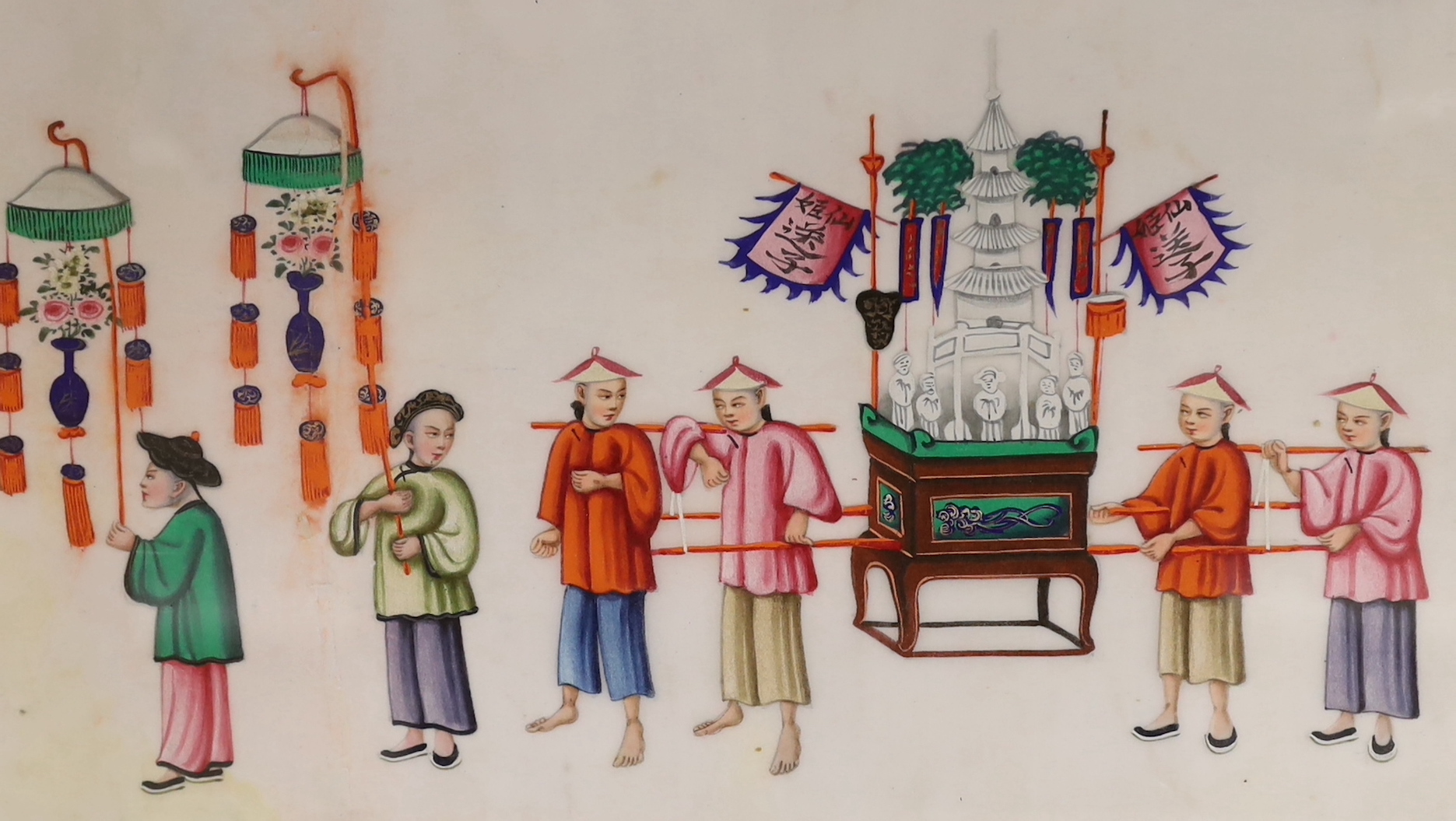 19th century Chinese School, set of six pith paper paintings, Procession scenes, 18 x 30cm